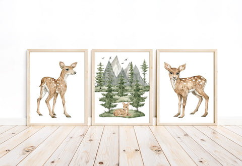 Baby Deer Woodland Forest Animals Wilderness Watercolor Nursery Decor Set of 3 Unframed Prints