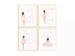 Pink Ballerinas Christian Nursery Decor Set of 4 Prints with Bible Verses