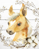 Horse Farm Animal Watercolor Cotton Wreath and Shiplap Rustic Nursery Decor Unframed Print