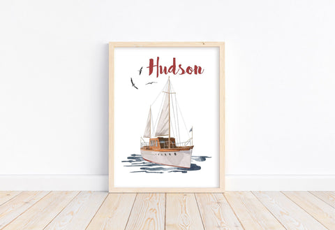 Personalized Watercolor Sailboat Baby Name Nursery Sign Little Boys Room Unframed Print Nautical Themed Boat Decor
