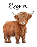 Personalized Watercolor Highland Cow Rustic Farmhouse Baby Boy Nursery Unframed Print - Baby Name Nursery Print