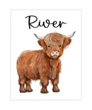Personalized Watercolor Highland Cow Rustic Farmhouse Baby Boy Nursery Unframed Print - Baby Name Nursery Print