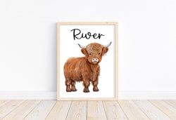 Personalized Watercolor Highland Cow Rustic Farmhouse Baby Boy Nursery Unframed Print - Baby Name Nursery Print