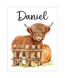 Personalized Watercolor Highland Cow Rustic Farm Scene Farmhouse Baby Boy Nursery Unframed Print - Baby Name