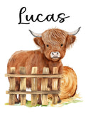 Personalized Watercolor Highland Cow Rustic Farm Scene Farmhouse Baby Boy Nursery Unframed Print - Baby Name