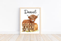Personalized Watercolor Highland Cow Rustic Farm Scene Farmhouse Baby Boy Nursery Unframed Print - Baby Name