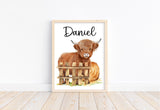 Personalized Watercolor Highland Cow Rustic Farm Scene Farmhouse Baby Boy Nursery Unframed Print - Baby Name