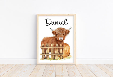 Personalized Watercolor Highland Cow Rustic Farm Scene Farmhouse Baby Boy Nursery Unframed Print - Baby Name