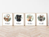 Bear Fox Wolf Deer Woodland Forest Animals Wilderness Watercolor Nursery Decor Set of 4 Unframed Prints Be Brave Be Wild Be Clever Be Kind