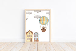 Bear in Hot Air Balloon Blue and Yellow Watercolor Nursery Decor Unframed Print