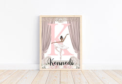 Customized Watercolor African American Ballerina Unframed Kids Ballet Print Personalized Ballerina Print Baby Name Letter Initial Monogram