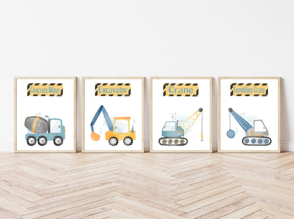 Watercolor Construction Cute Blue and Yellow Vehicles Little Boys Room Nursery Set of 4 Unframed Prints