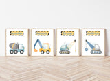 Watercolor Construction Cute Blue and Yellow Vehicles Little Boys Room Nursery Set of 4 Unframed Prints