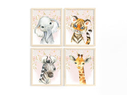 Safari Animals Nursery Little Girls Room Watercolor Jungle Pink Floral Decor Set of 4 Unframed Prints Tiger Elephant Zebra and Giraffe