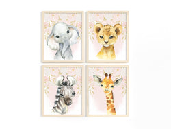 Safari Animals Nursery Little Girls Room Watercolor Jungle Pink Floral Decor Set of 4 Unframed Prints Lion Elephant Zebra and Giraffe