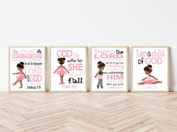 African American Ballerina Christian Childrens Nursery Decor Set of 4 Unframed Prints with Bible Verses in Pink