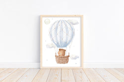 Watercolor Bear in Blue Hot Air Balloon Nursery Decor Unframed Print
