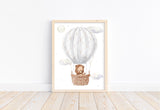 Watercolor Bear in Gray Hot Air Balloon Woodland Adventure Nursery Decor Unframed Print