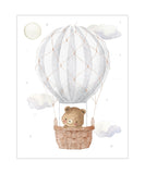 Watercolor Bear in Gray Hot Air Balloon with Moon and Clouds Adventure Gender Neutral Nursery Decor Unframed Print