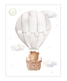 Bear in Gray Hot Air Balloon with Stars and Moon Watercolor Nursery Decor Unframed Print