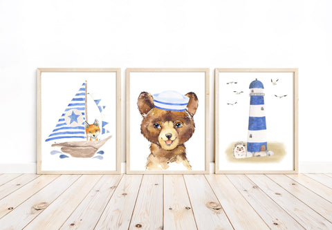 Watercolor Nautical Woodland Animals Bear Hedgehog and Fox Nursery Decor Set of 3 Unframed Prints Lighthouse, Boat, Sailer