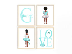 African American Watercolor Ballerina Personalized Monogram Nursery Decor Set of 4 Unframed Prints in Teal