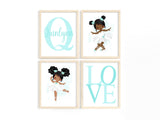 African American Ballerinas Personalized Monogram Nursery Decor Set of 4 Unframed Prints in Teal