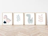 Little Dino Nursery Childrens Pale Pink and Blue Boho Dinosaur Decor Set of 4 Unframed Prints