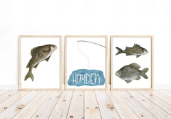 Personalized Watercolor Fishing Pole Nursery Decor Set of 3 Unframed Rustic Outdoor Nautical Fish Prints