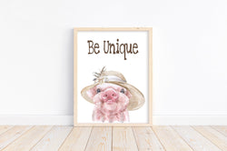 Pig with Hat Farm Animal Watercolor Rustic Nursery Decor Unframed Print, Be Unique