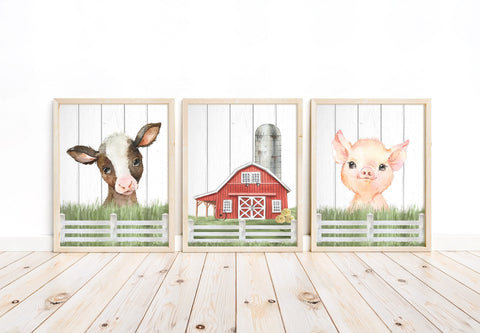 Rustic Farm Watercolor Nursery Decor Set of 3 Unframed Farmhouse Prints Cow, Pig, Barn, Shiplap
