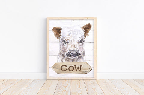 Cow Watercolor Farm Animal Rustic Shiplap Farmhouse Nursery Decor Unframed Print