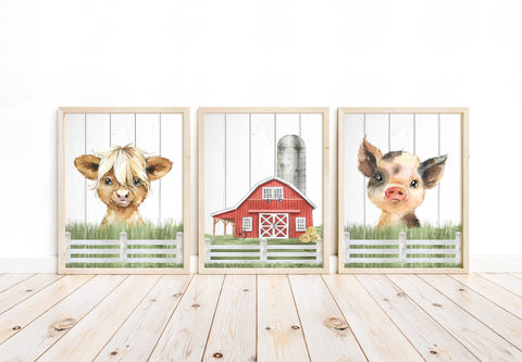 Rustic Farm Watercolor Nursery Decor Set of 3 Unframed Farmhouse Prints Highland Cow, Pig, Barn, Shiplap
