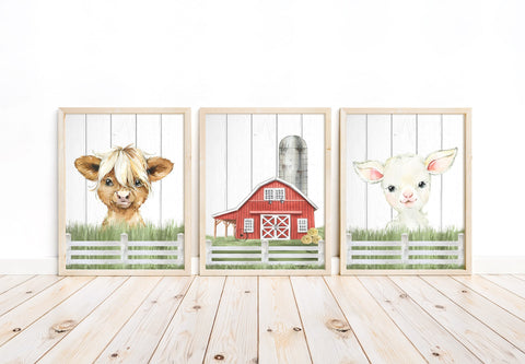 Highland Cow Lamb Watercolor Farm Animal Barnyard Rustic Shiplap Farmhouse Nursery Decor Set of 3 Unframed Prints