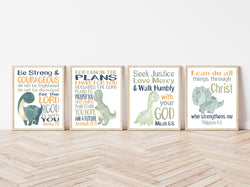 Watercolor Dinosaurs with Bible Verses Prehistoric Christian Nursery Decor Set of 4 Unframed Prints