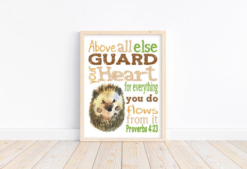 Hedgehog Woodland Animal Christian Nursery Decor Unframed Print Above all else Guard your Heart - Proverbs 4:23