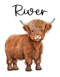Personalized Watercolor Highland Cow Rustic Farmhouse Baby Boy Nursery Unframed Print - Baby Name Nursery Print