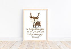 Watercolor Deer Woodland Animal Christian Nursery Unframed Print, Be Strong and Courageous for the Lord is with You, Joshua 1:9