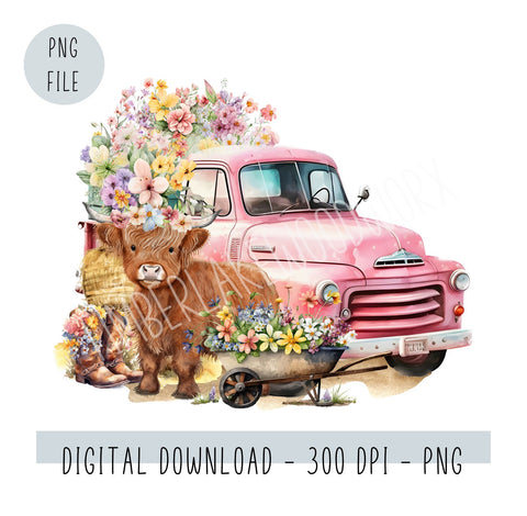 Instant Download Highland Cow Flower Wheelbarrow Farmhouse Spring Floral Vintage Truck PNG Digital File for Sublimation Designs