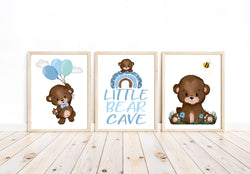 Teddy Bear Watercolor Baby Boy Rainbow Balloons Little Bear Cave Nursery Decor Set of 3 Unframed Prints