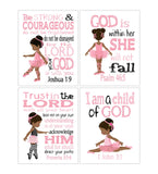 African American Ballerina Christian Childrens Nursery Decor Set of 4 Unframed Prints with Bible Verses in Pink