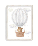 Watercolor Bear in Gray Hot Air Balloon with Moon and Clouds Adventure Gender Neutral Nursery Decor Unframed Print