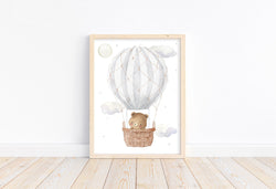 Watercolor Bear in Gray Hot Air Balloon with Moon and Clouds Adventure Gender Neutral Nursery Decor Unframed Print