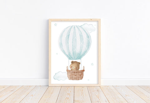 Watercolor Bear in Teal Hot Air Balloon with Star and Clouds Adventure Gender Neutral Nursery Decor Unframed Print