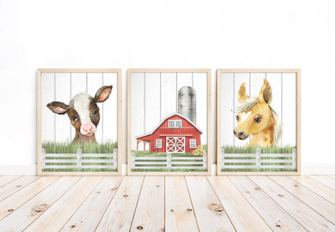 Cow Horse Barnyard Watercolor Farm Animal Watercolor Rustic Shiplap Farmhouse Nursery Decor Set of 3 Unframed Prints