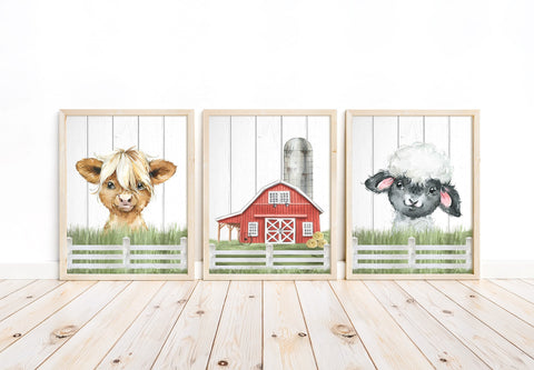 Highland Cow Sheep Watercolor Farm Animal Barnyard Rustic Shiplap Farmhouse Nursery Decor Set of 3 Unframed Prints