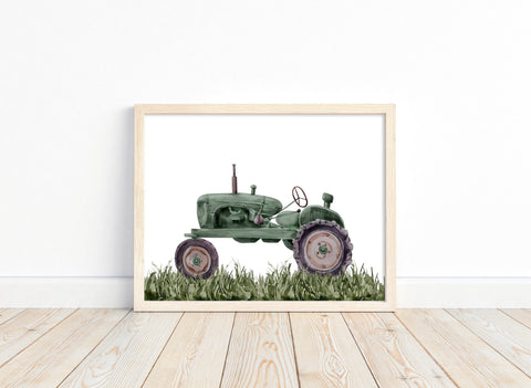 Watercolor Barn Green Tractor Barnyard Rustic Farm Nursery Decor Unframed Farmhouse Print