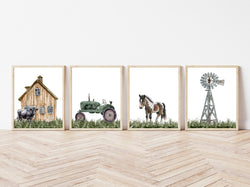 Barnyard Rustic Farm Nursery Decor Set of 4 Unframed Farmhouse Prints Watercolor Barn Green Tractor Horse Windmill