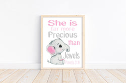 Watercolor Elephant Baby Pink and Gray Christian Nursery Decor Unframed Print - She is Far More Precious than Jewels - Proverbs 31:10