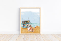Bulldog Puppy Dog at Beach Watercolor Dog Illustration Unframed Print, Nursery Decor, Kid's Bedroom, Laundry Room or Dog Lover
